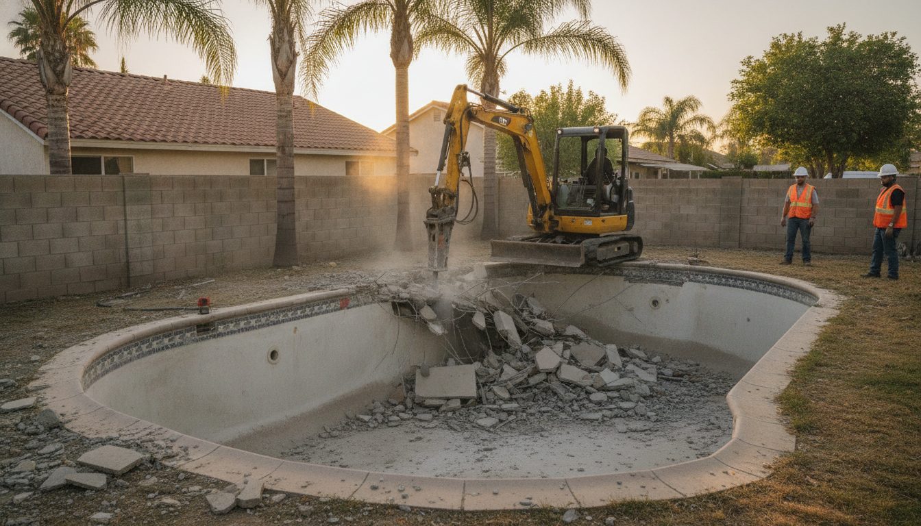 Pool demolition under way in a Anaheim backyard