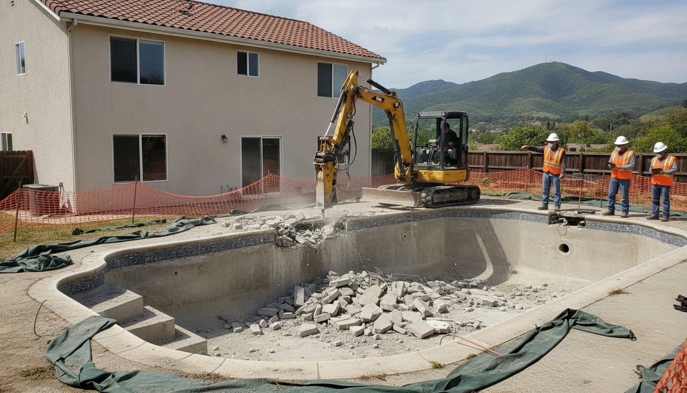 Pool demolition under way in a Fremont backyard