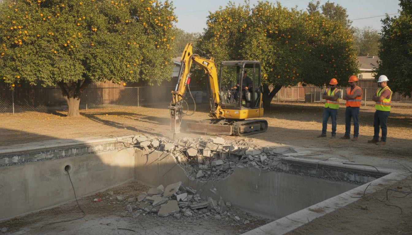 Pool demolition under way in a Fresno backyard