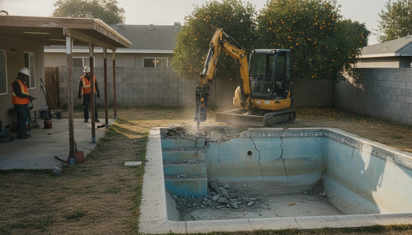 Pool demolition under way in a Garden Grove backyard