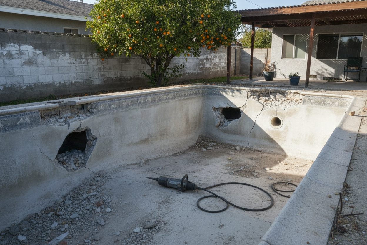 Pool shell with drainage holes broken through the floor in Garden Grove