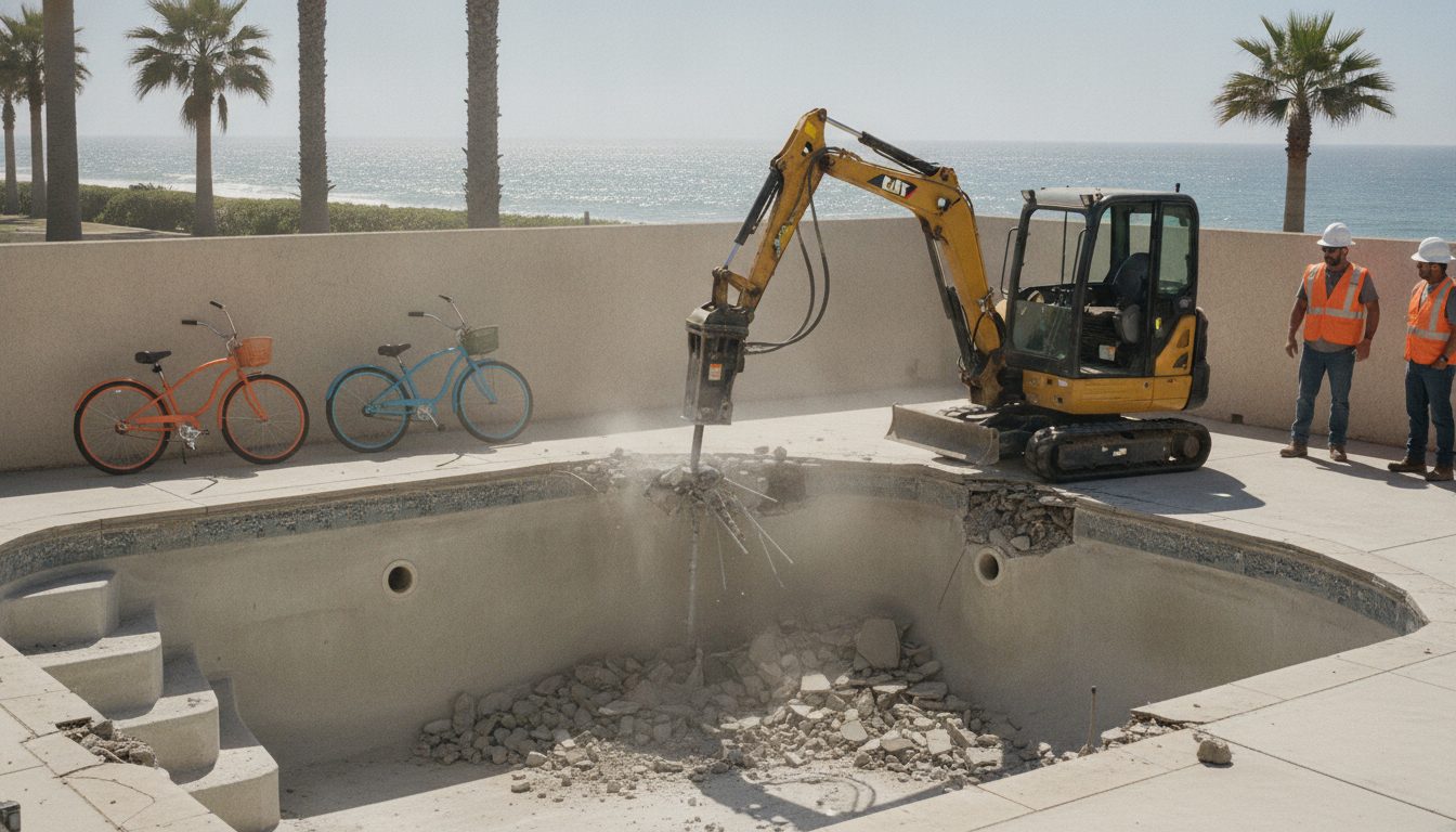 Pool demolition under way in a Huntington Beach backyard