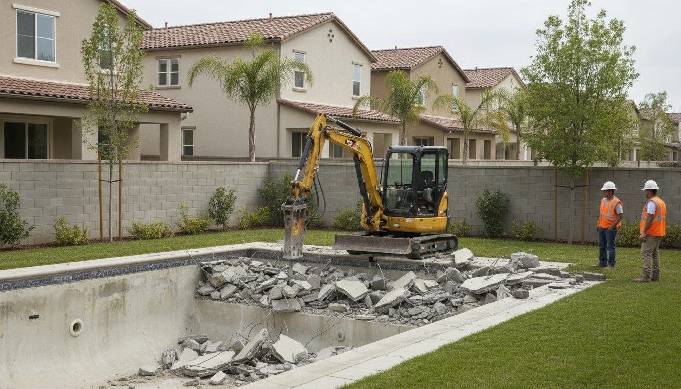 Pool demolition under way in a Irvine backyard
