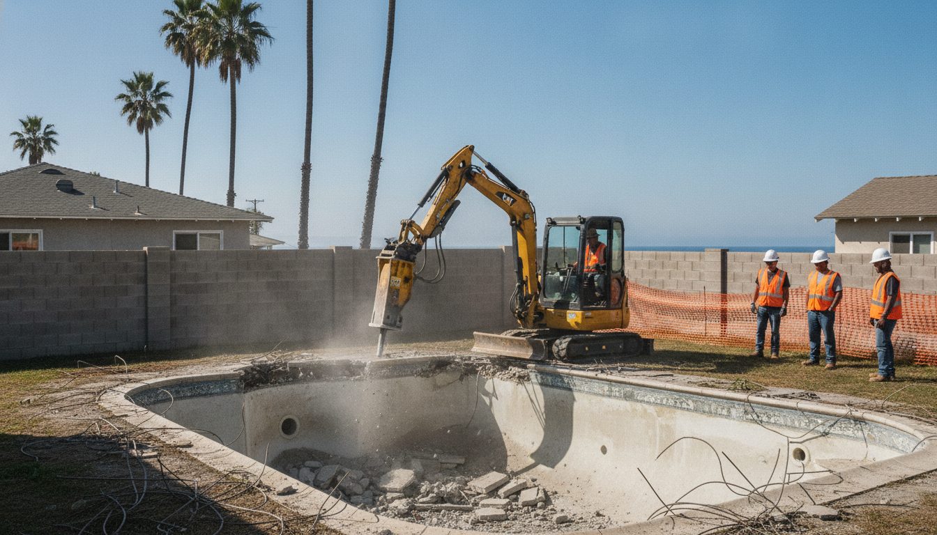 Pool demolition under way in a Long Beach backyard