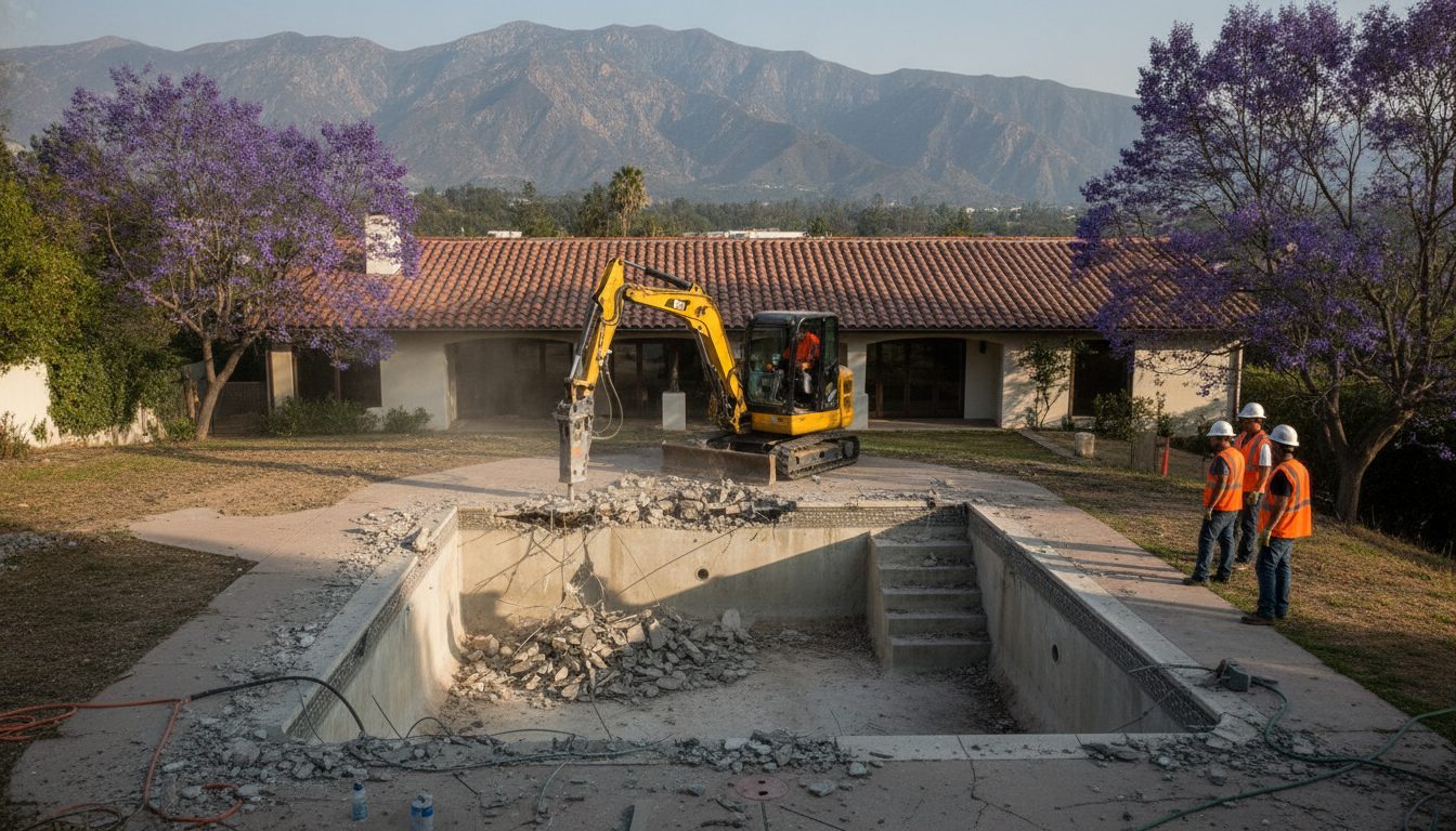 Pool demolition under way in a Los Angeles backyard