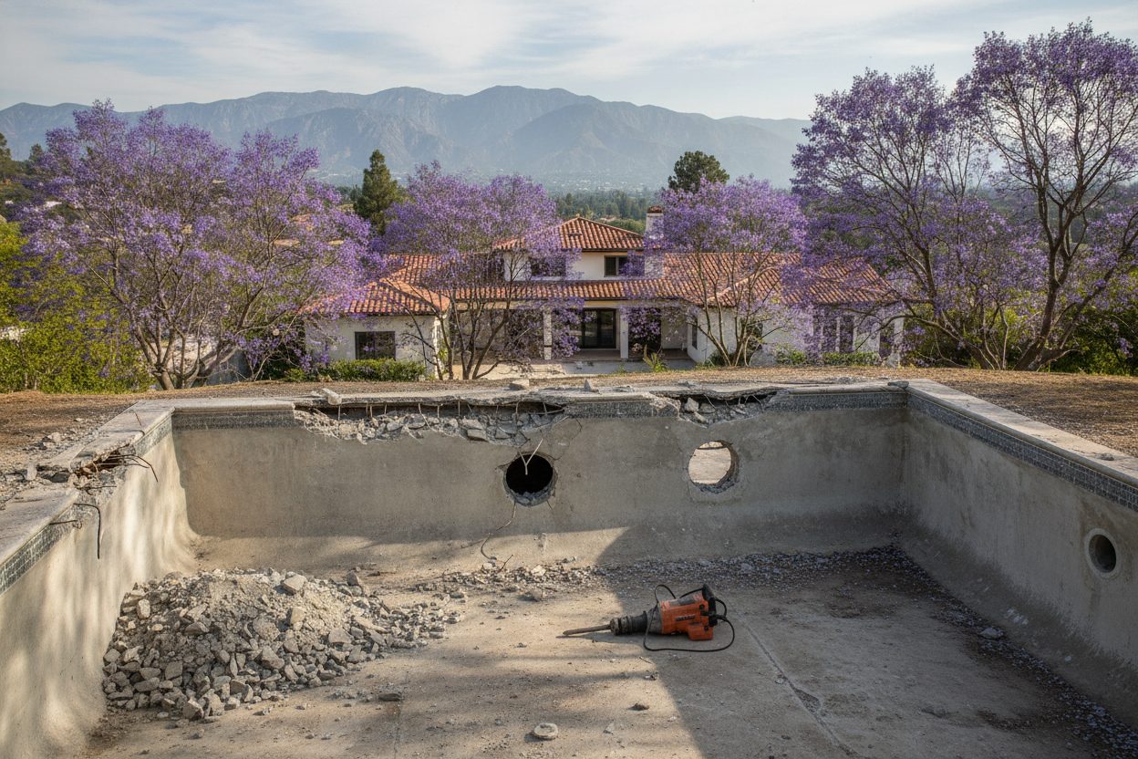 Pool shell with drainage holes broken through the floor in Los Angeles