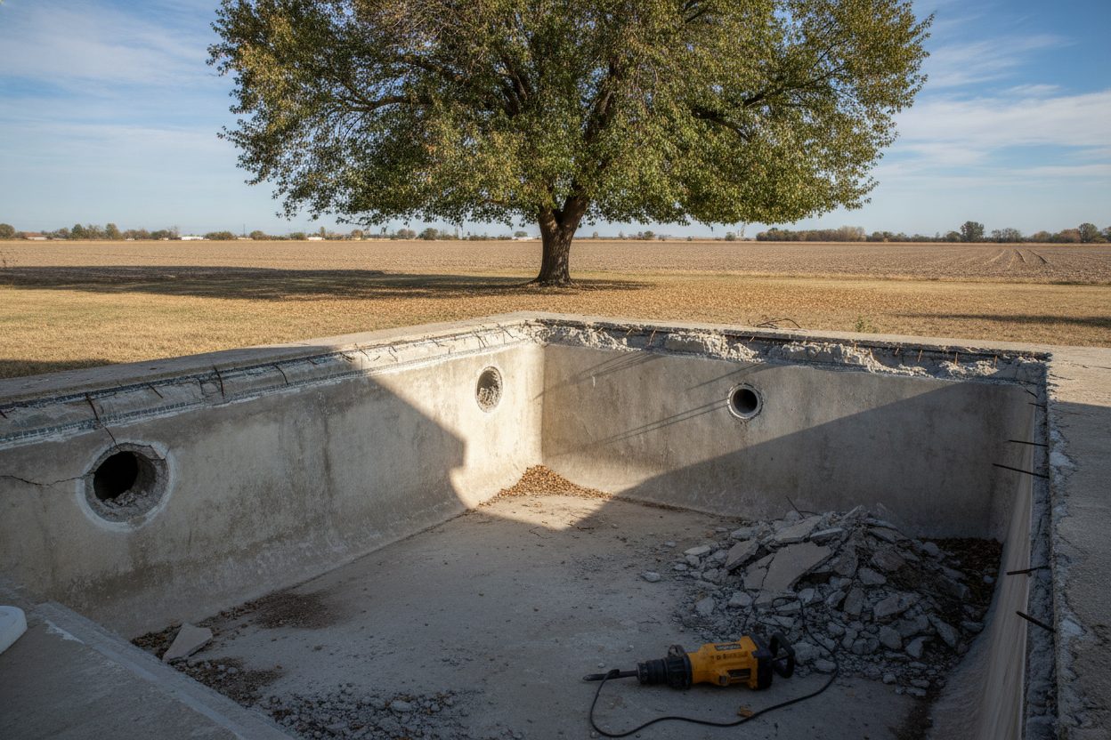 Pool shell with drainage holes broken through the floor in Modesto