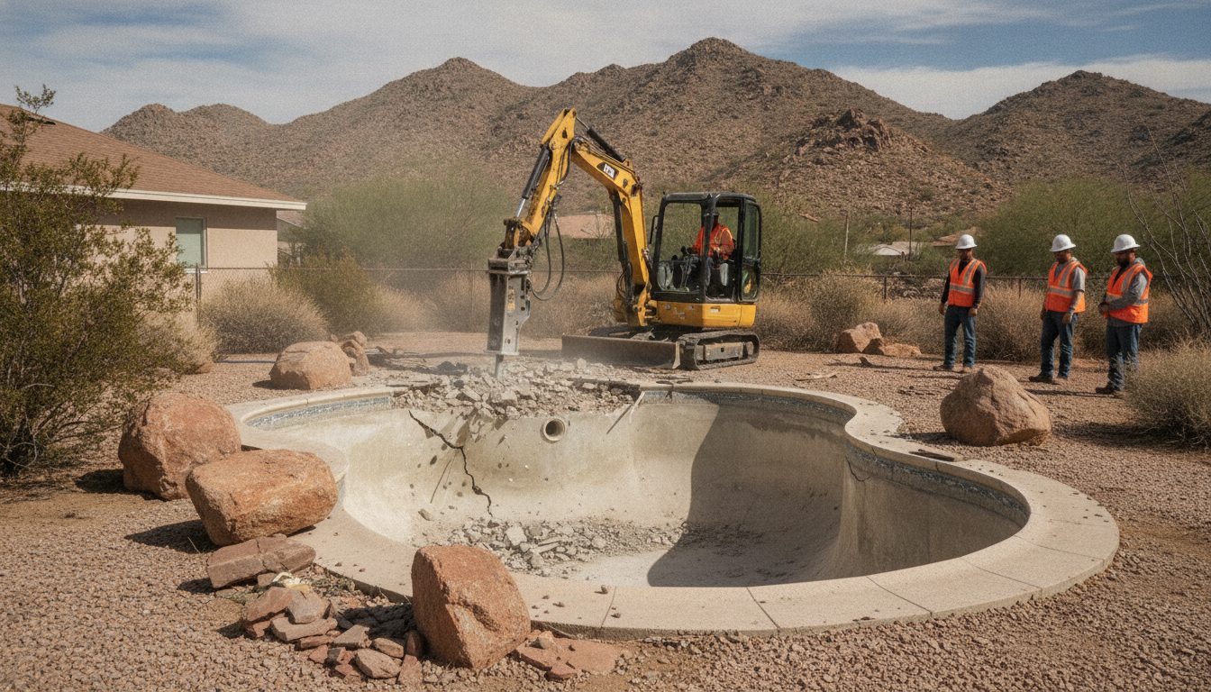 Pool demolition under way in a Moreno Valley backyard