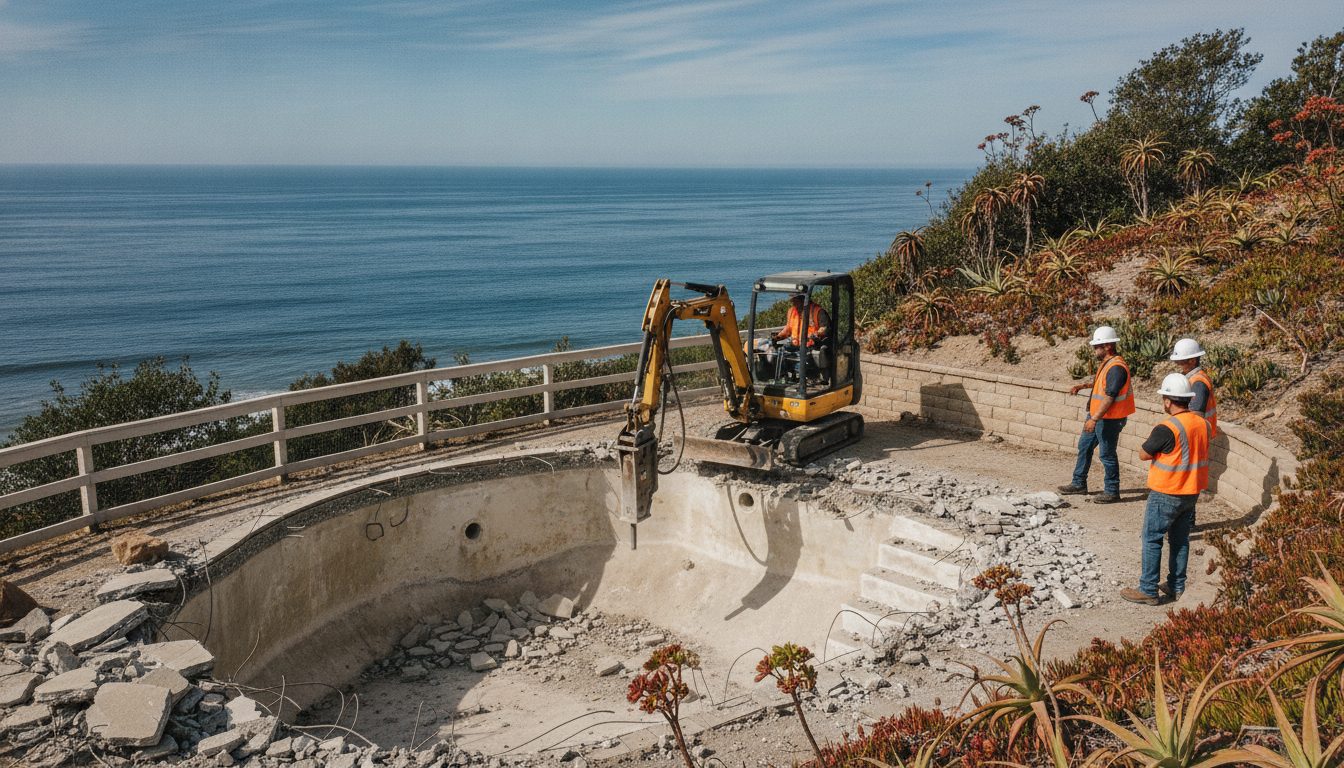 Pool demolition under way in a Oceanside backyard