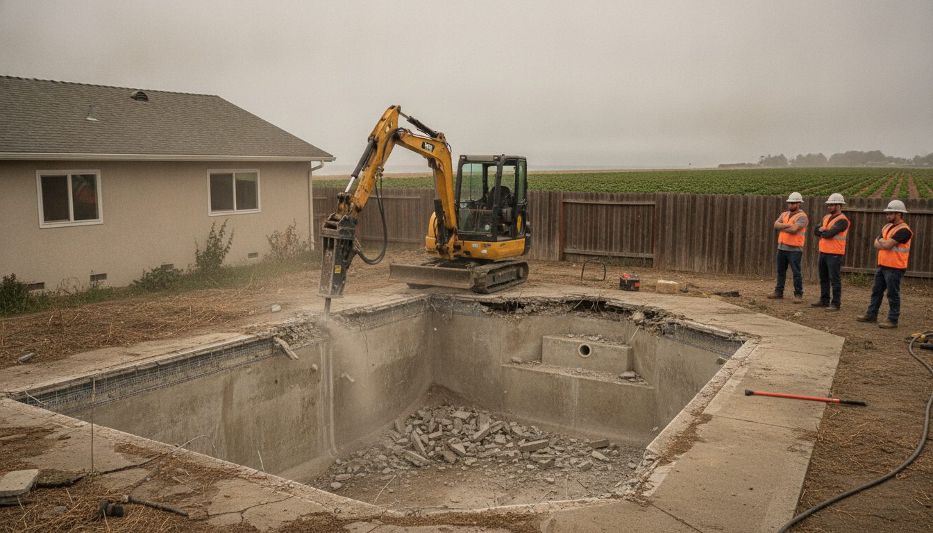 Pool demolition under way in a Oxnard backyard