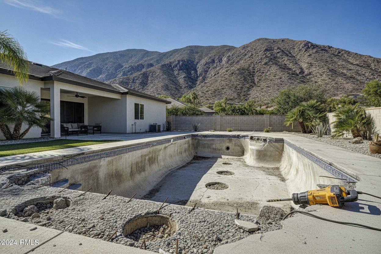 Pool shell with drainage holes broken through the floor in Rancho Cucamonga