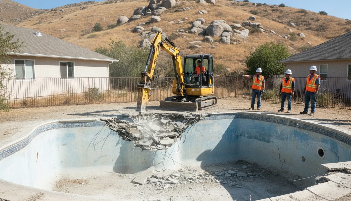 Pool demolition under way in a Riverside backyard