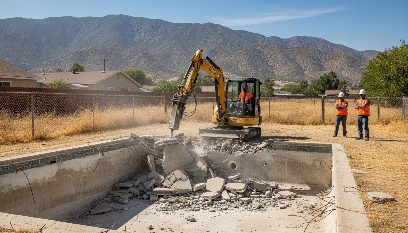 Pool demolition under way in a San Bernardino backyard