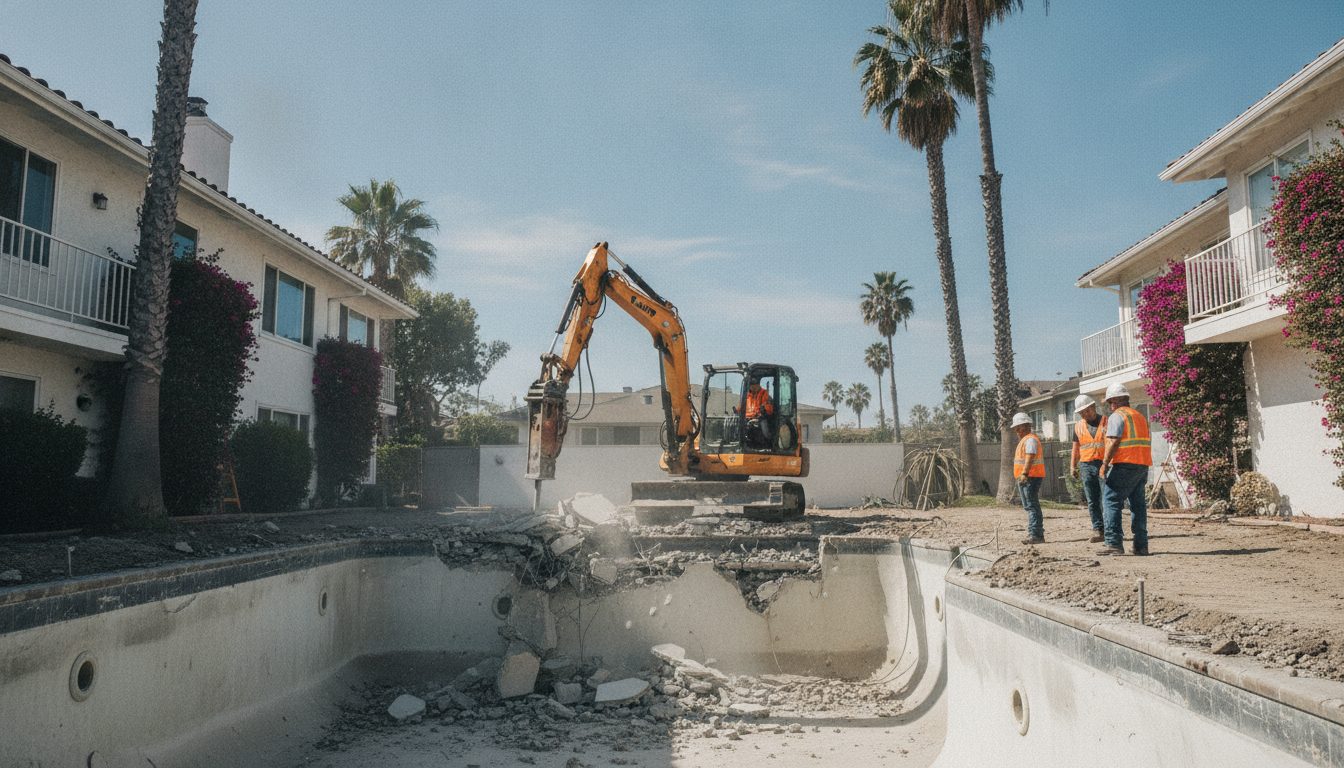 Pool demolition under way in a San Diego backyard