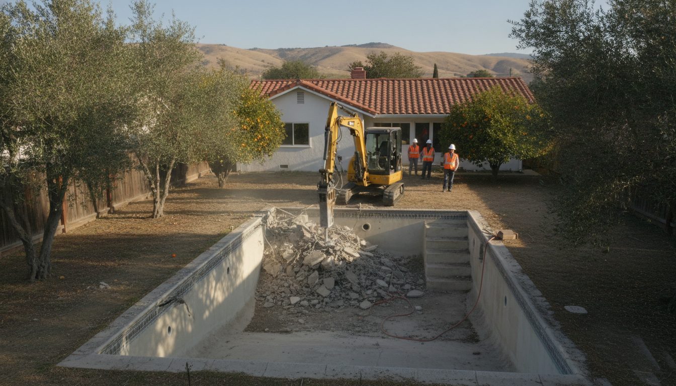 Pool demolition under way in a San Jose backyard