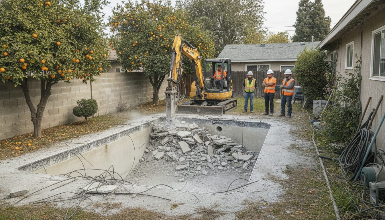 Pool demolition under way in a Santa Ana backyard
