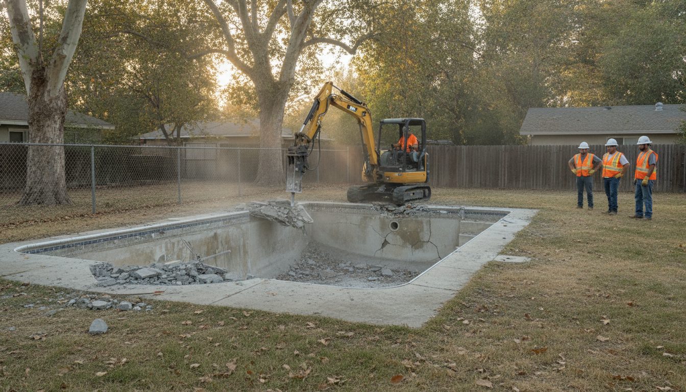 Pool demolition under way in a Stockton backyard