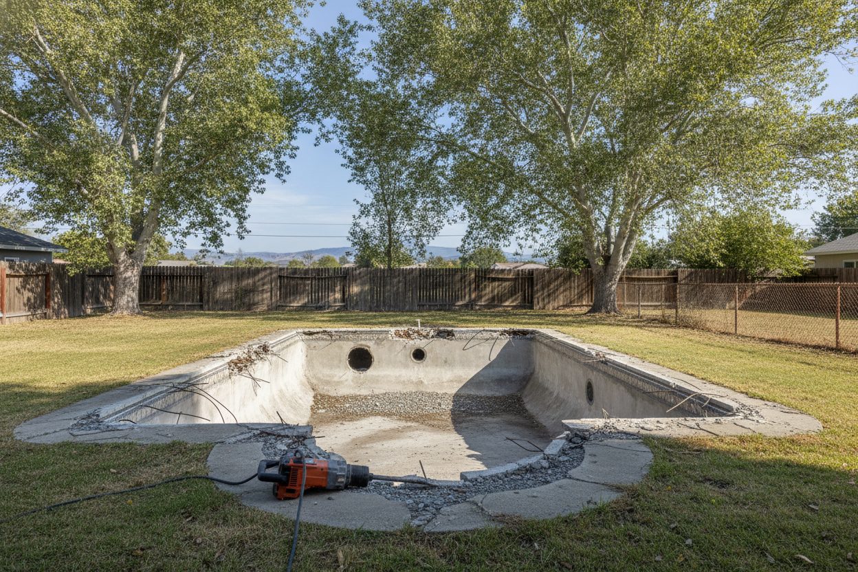 Pool shell with drainage holes broken through the floor in Stockton