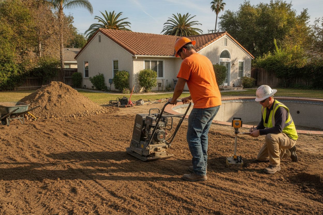 Fill soil being compacted in layers where a pool was removed