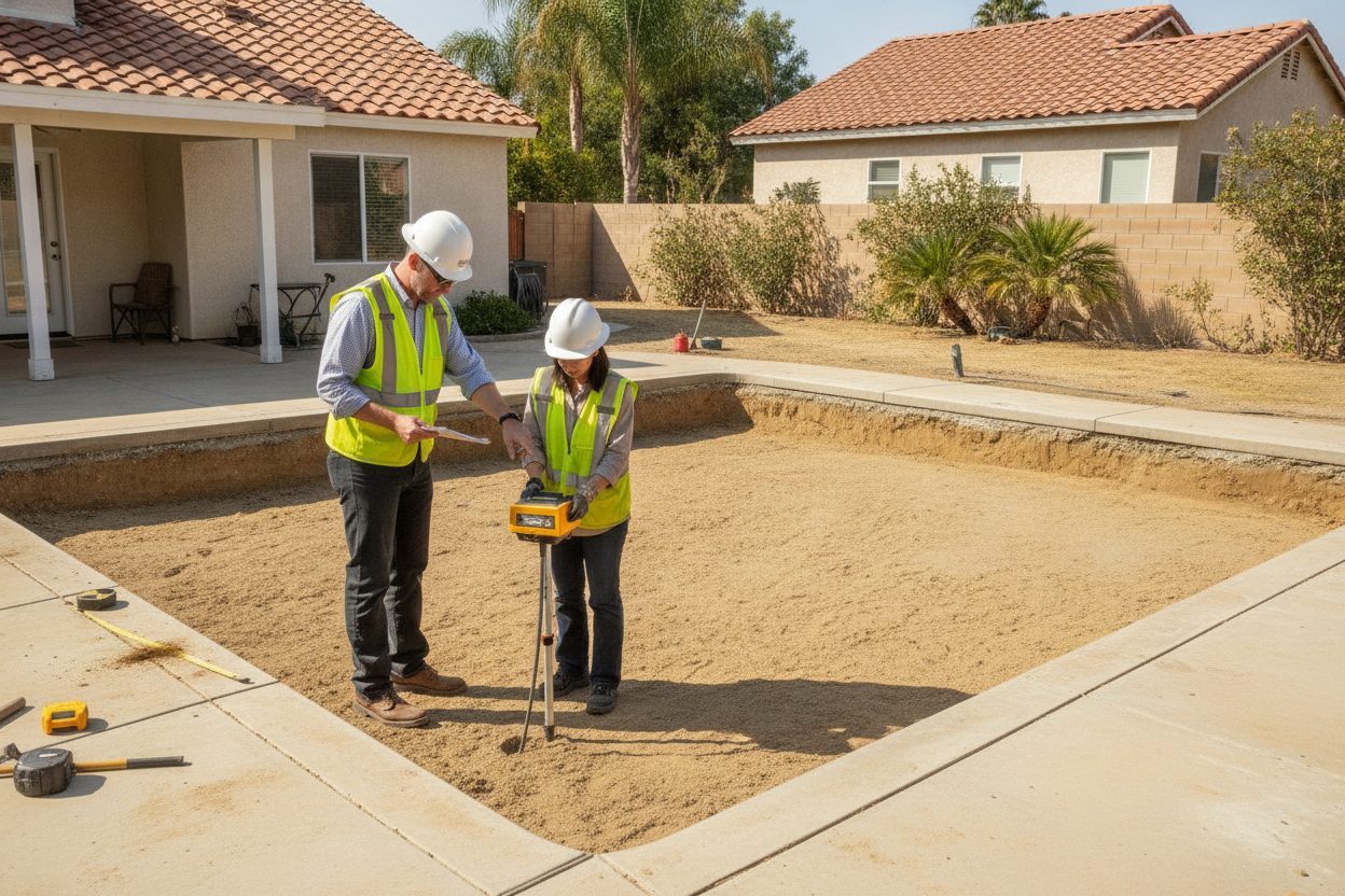 Inspector checking compacted fill in a former pool excavation