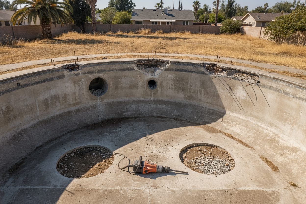 Old pool shell with drainage holes broken through the bottom before backfill