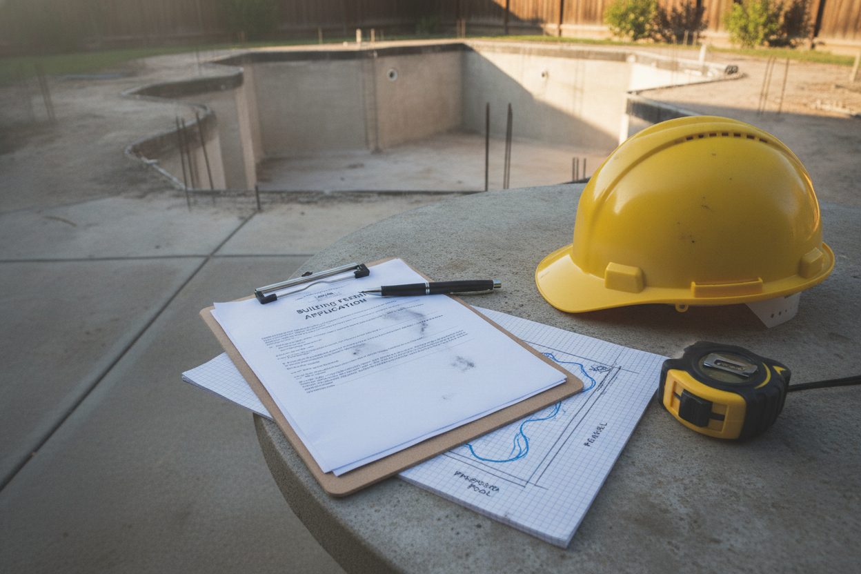 Building permit papers and a site plan for a pool removal on a clipboard